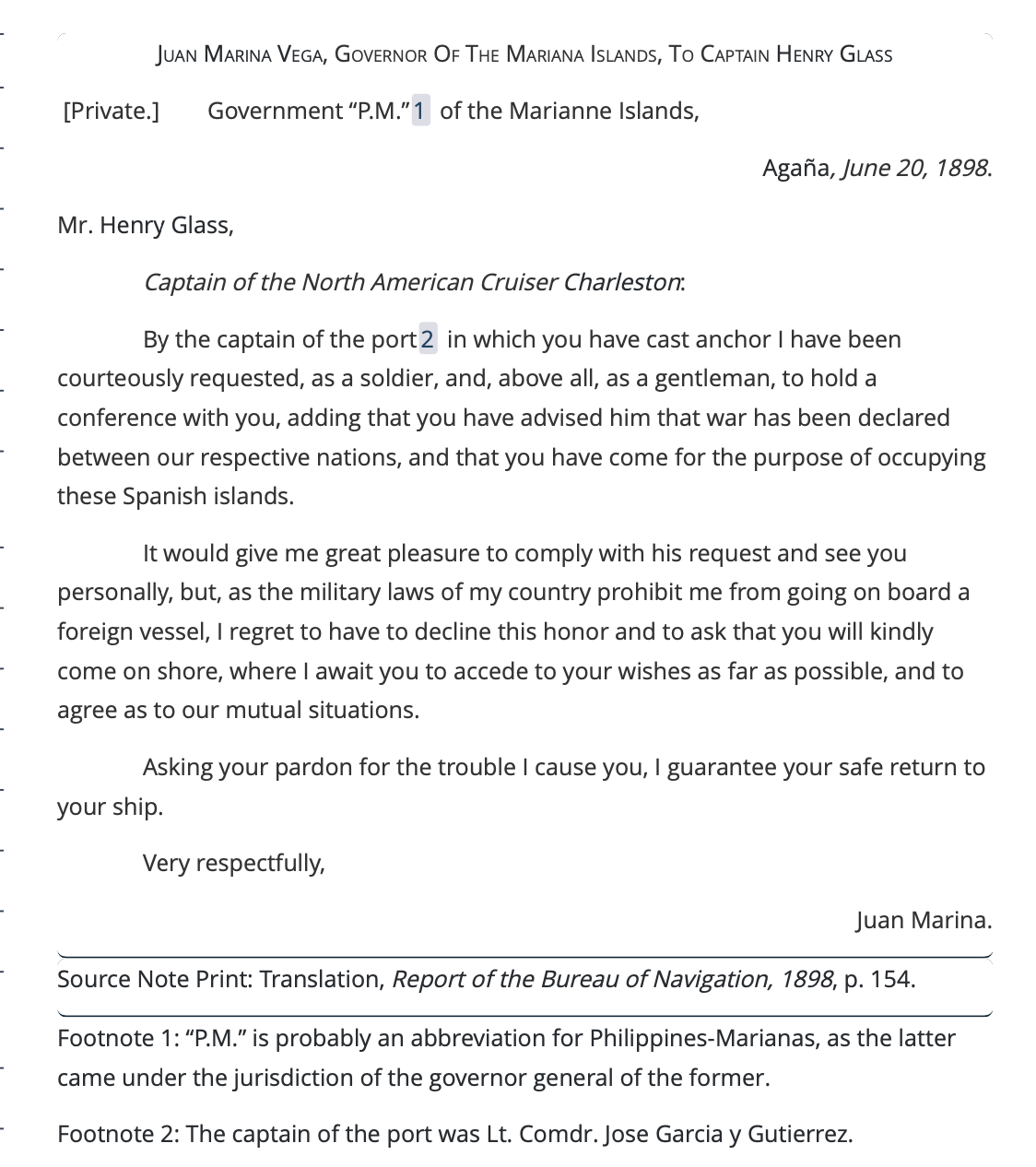 Letter from the Governor of Guam to the US Navy declining to surrender