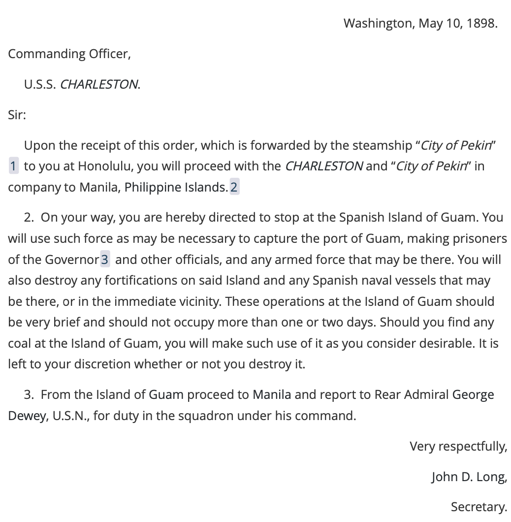 Letter from Secretary of the Navy John Long to Captain Henry Glass ordering him to take Guam