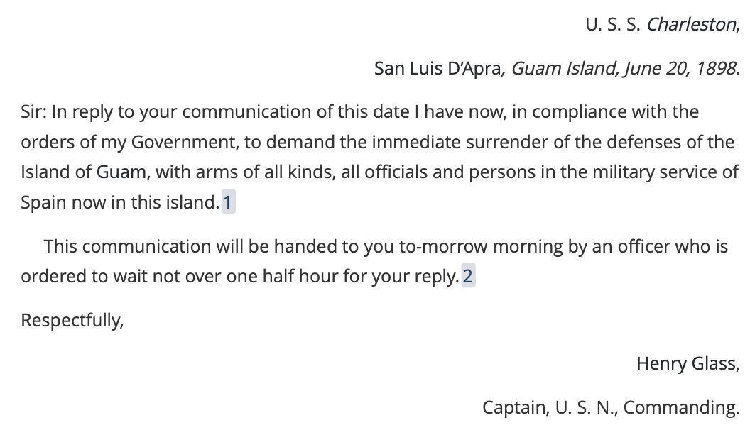 US Navy Captain Glass gives the Governor of Guam an ultimatum