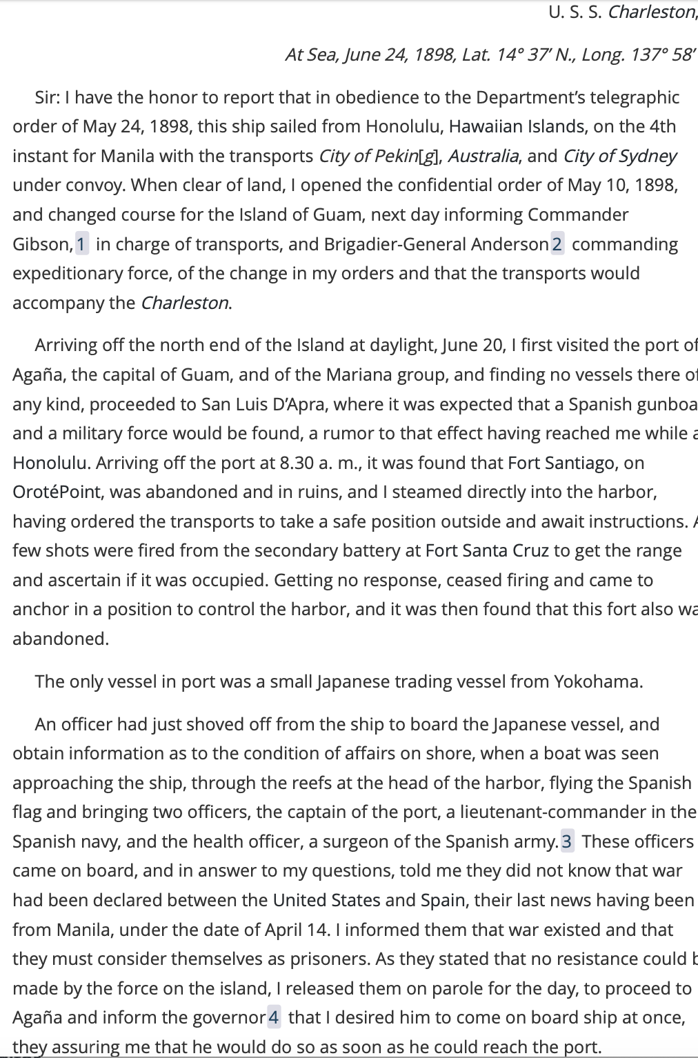 Part of the After Action Report written by Captain Glass about the capture of Guam