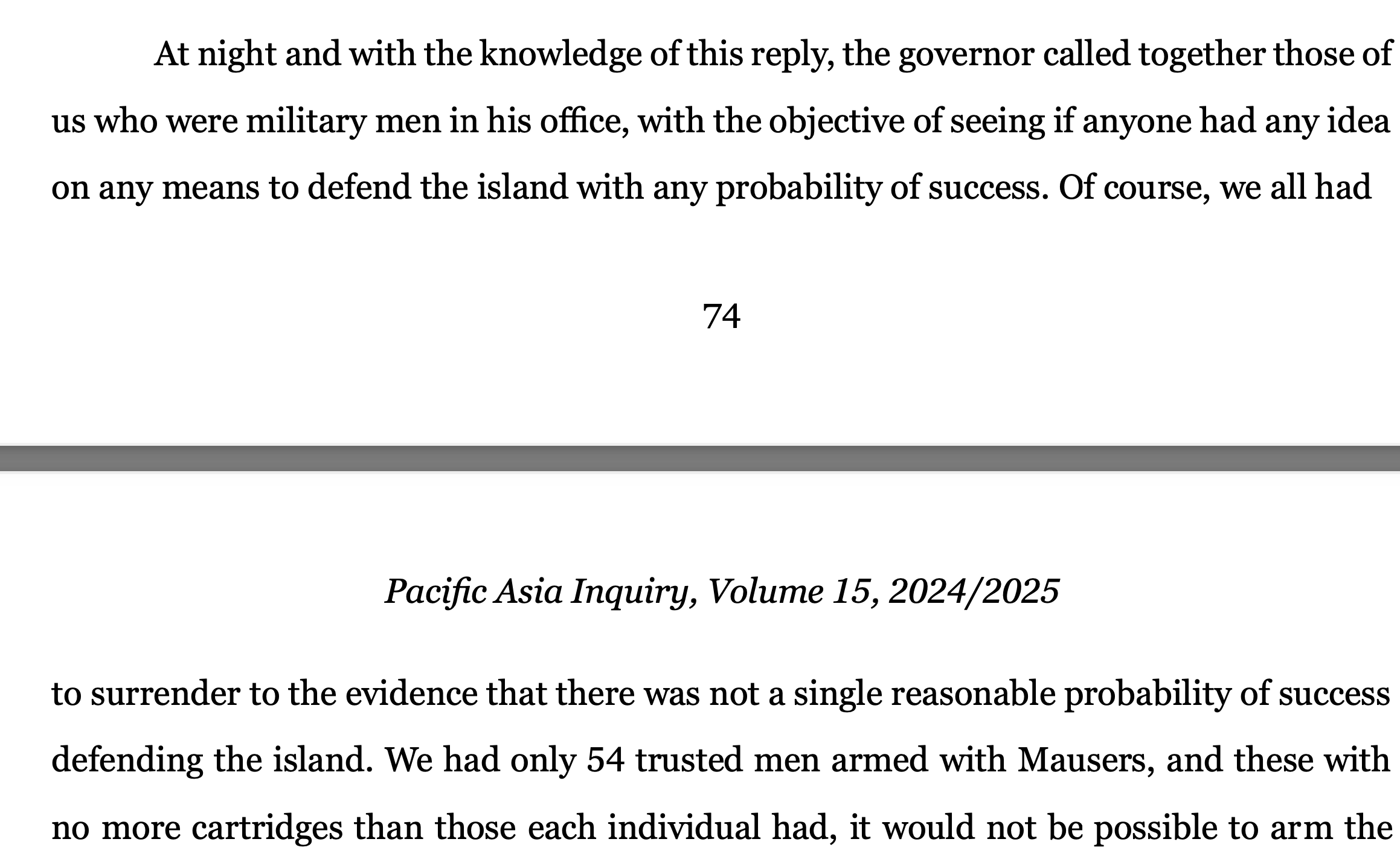 a portion of a memoir written by a Spanish official about the capture of Guam. In this screenshot the memoir talks about the discussion between Spanish officials about how to defend the Island from the Americans. They ended up realizing they needed to surrender without a fight.